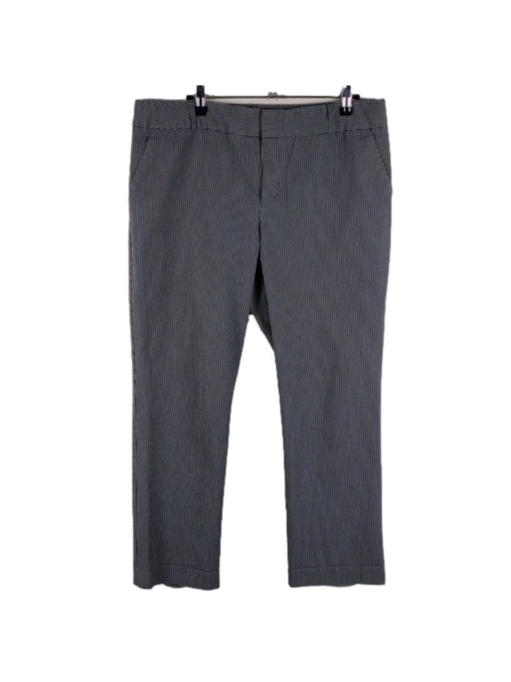Norma Kamali Black Grey Pinstripe Mid Rise  Hook Button Straight Leg Ankle Pant
